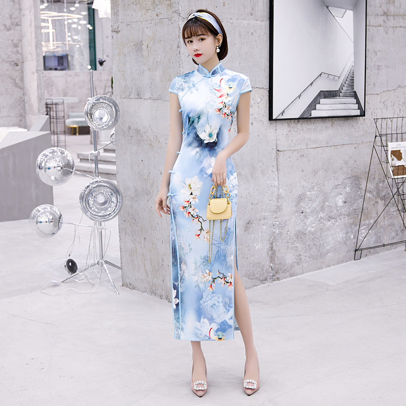 

Sexy Female Long Cheongsam Spring Summer Vintage Chinese style Dress Womens Qipao Slim Party Dresses Button Vestido