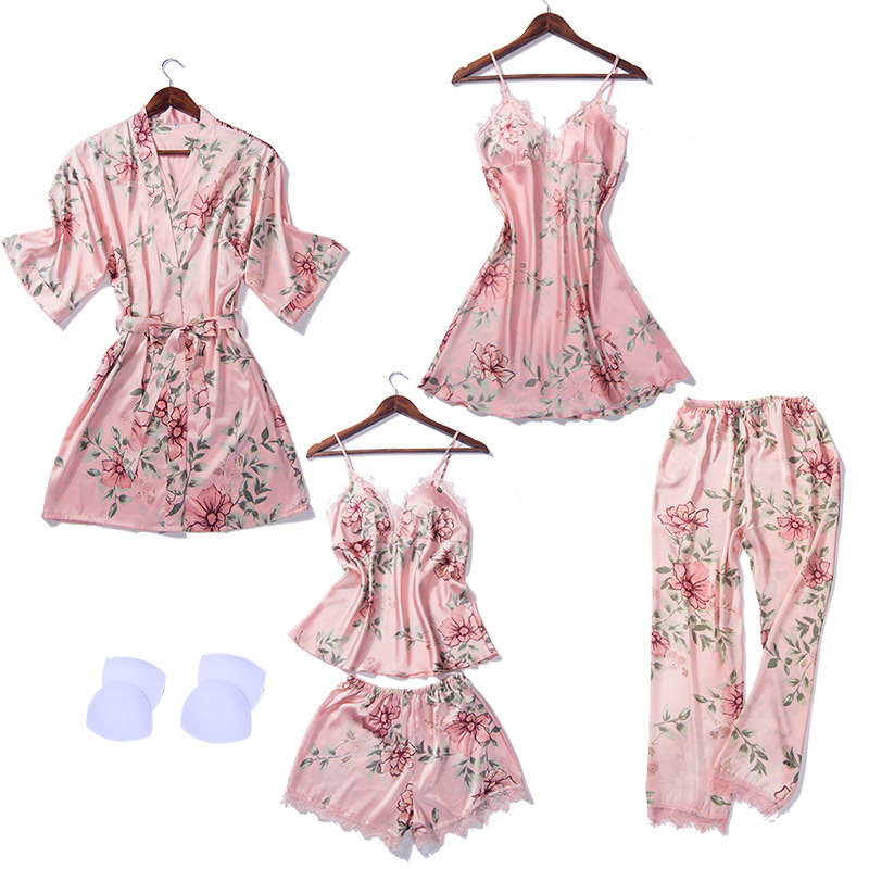 

Women Pajamas 5 Pieces Satin Sleepwear Pijama Silk Home Wear Home Clothing Embroidery Sleep Lounge Pyjama with Chest Pads