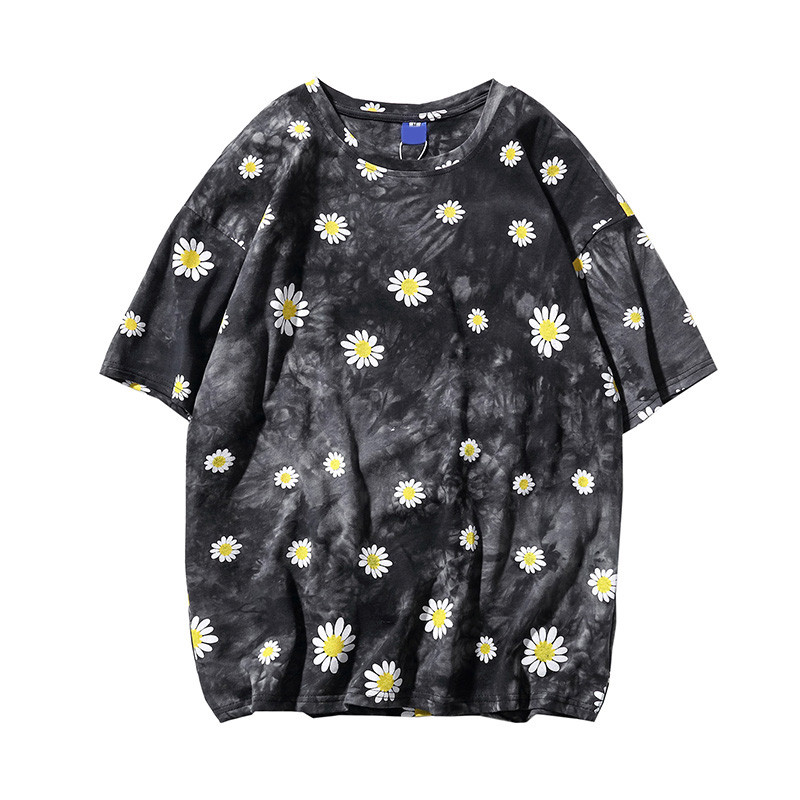 

Januarysnow Tie Dye Daisy Printed Street Tshirt Men Summer Round Neck Hip Hop T-shirt Cotton Tee Shirts Streetwear Clothing, Black