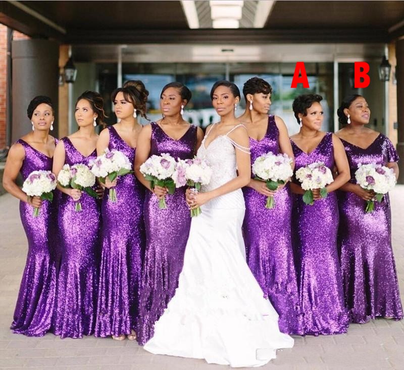 

2020 Sexy Purple Sequined Mermaid Bridesmaid Dresses Deep V Neck Sleeveless Backless Floor Length Plus Size Formal Wedding Party Guest Gowns