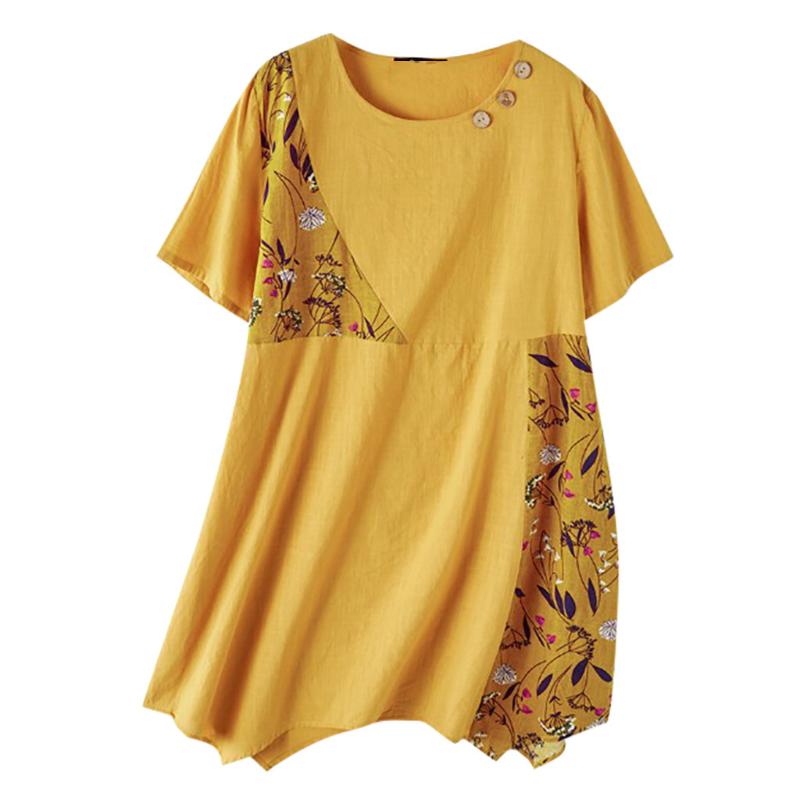 

Feitong 2020 Summer Plus Size Women Blouses Cotton Linen Short Sleeve Patchwork Print O-neck Shirt Tops Blusas Femininas, Army green