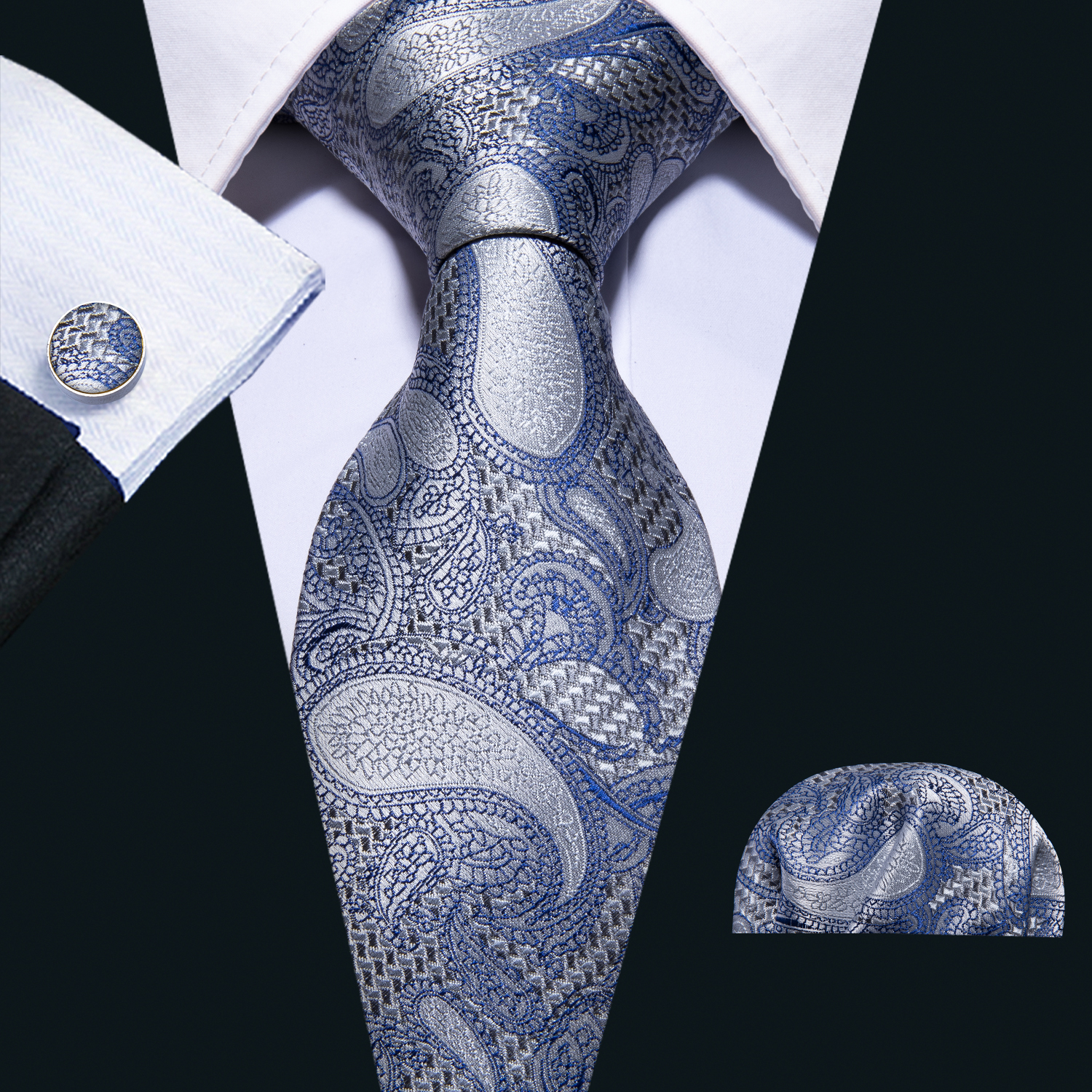 

Europe Warehouse Tie Set Blue Paisley Men's Silk Wholesale Classic Jacquard Woven Necktie Pocket Square Cufflinks Wedding Business N-5041