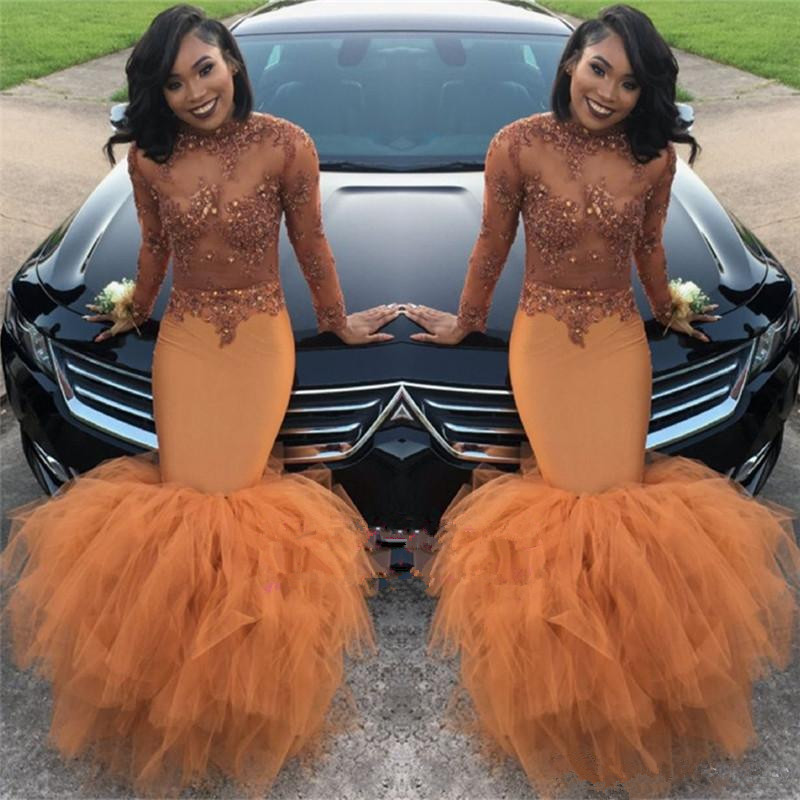 

Dust Orange Long Sleeves Mermaid Prom Dresses 2019 Beads Appliques Sequins Long Ruched Ruffle Evening Gown, Gold