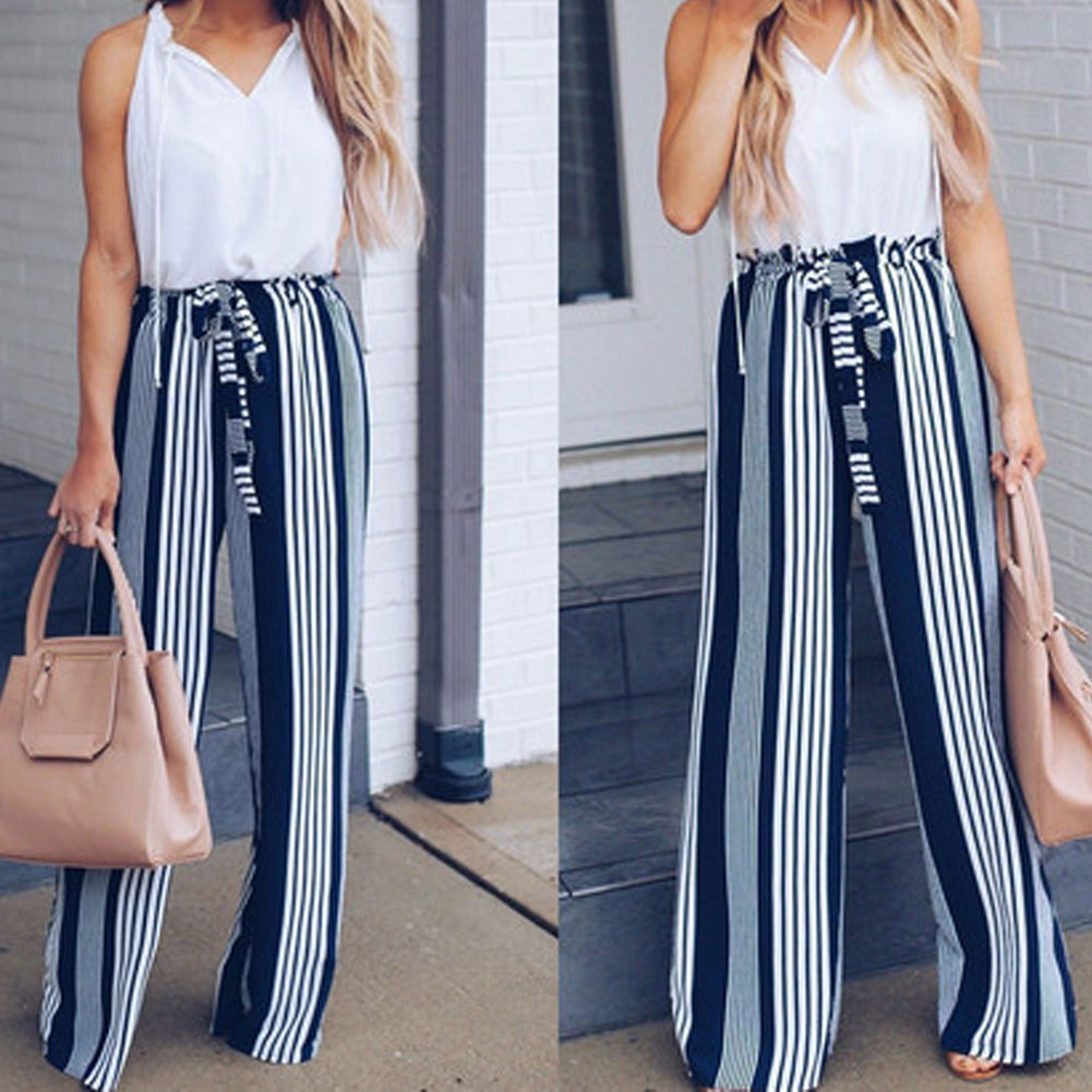 

Fashion Summer Wide Leg lace up Pants Women High Waist Striped Loose Palazzo Pants Elegant Office Ladies Trousers, Black;white