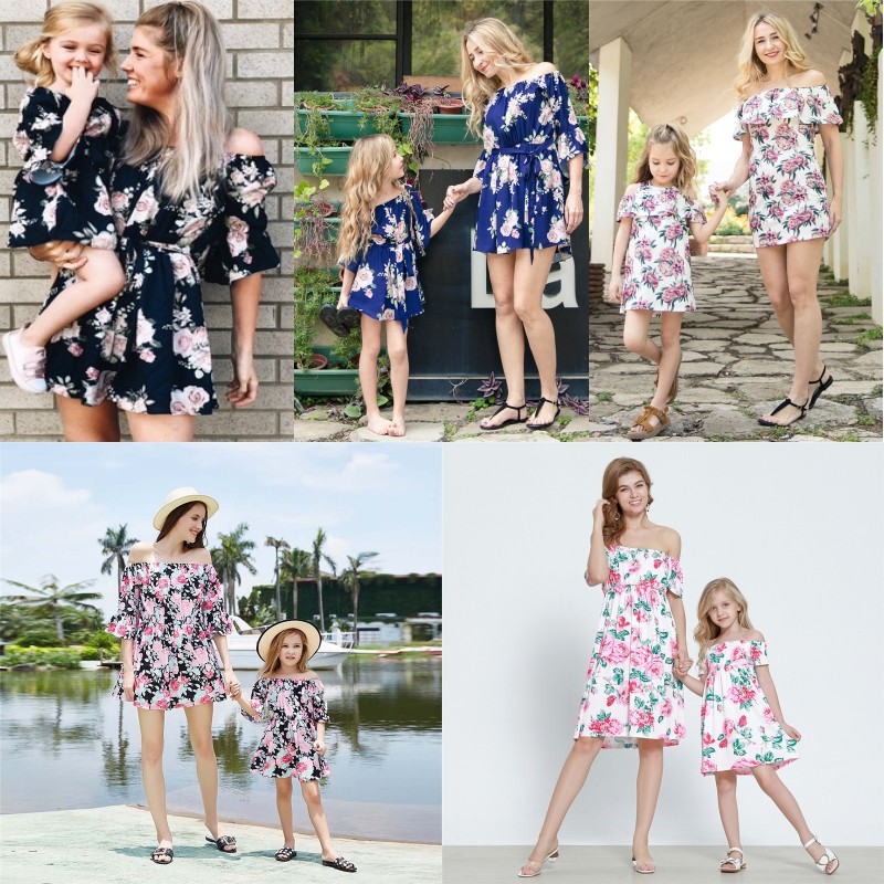 

Family Off-shoulder Dress Mommy and Me Floral Printed Ruffle Dress Round Neck Summer Boho Beach Dresses