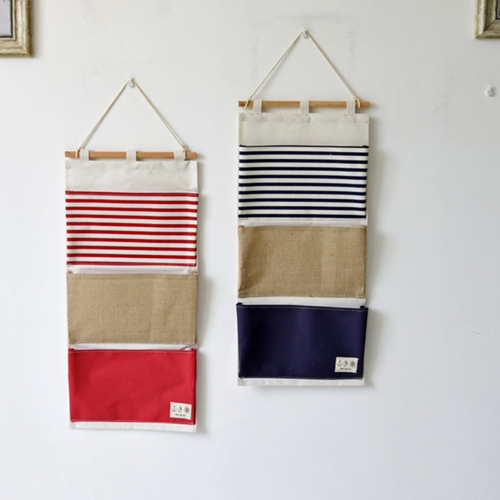 

Multifunctional plain striped stitching fabric storage bag 3 pockets household debris storage hanging bag wall hanging, Red