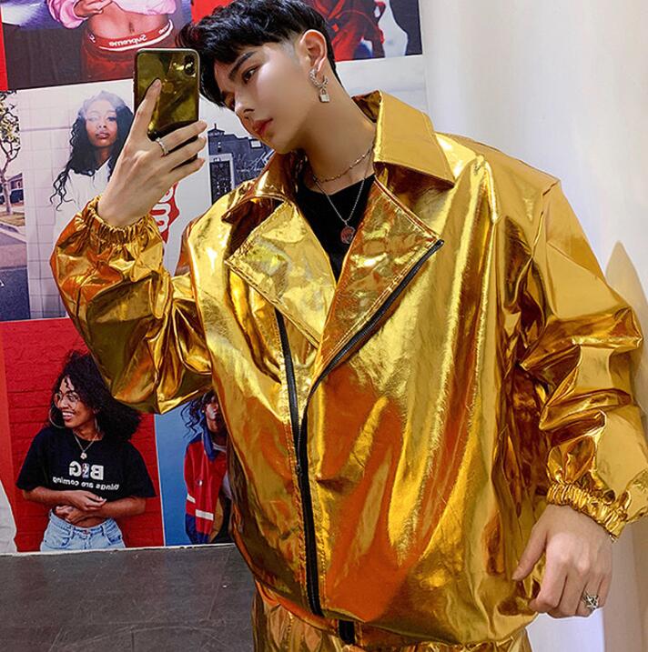 

Metallic glossy motorcycle leather jacket men clothes womens leather jackets Diagonal zipper coat biker gold silver singer stage, Only jacket