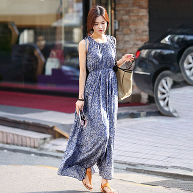 

Bohemian Style Summer Women Dress Long Maxi Besch Dress Sundress Casual Sleeveless O Neck Loose Long Vestidos, Blue