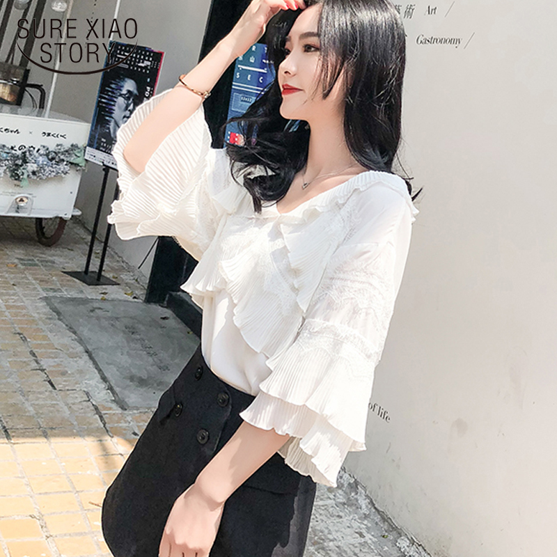 

2020 Office Plus Size V Neck Women Shirts White Ladies Tops Summer New Flare Short Sleeve Women' Korean Chiffon Blouse 10033