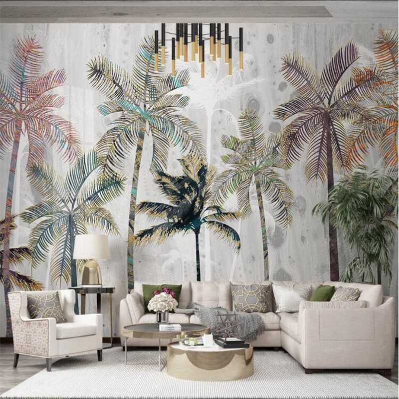 

mural papel de parede Custom wallpaper Light Nordic tropical plant hand-painted coconut tree landscape TV background, As pic