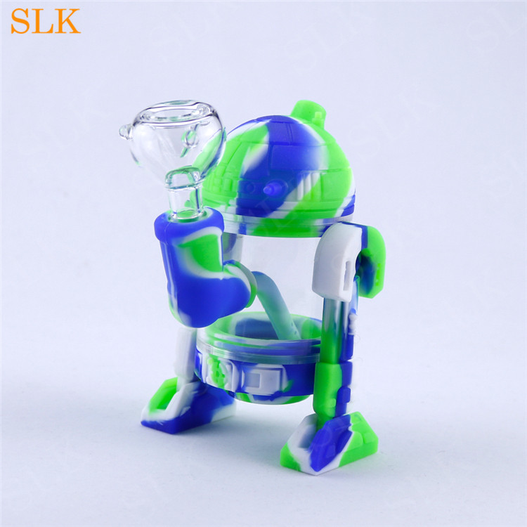 

Promotional robot shape silicone pipe water bong 5inch 9 colors plus glow in the dark bong heady glass dab rigs oil rig