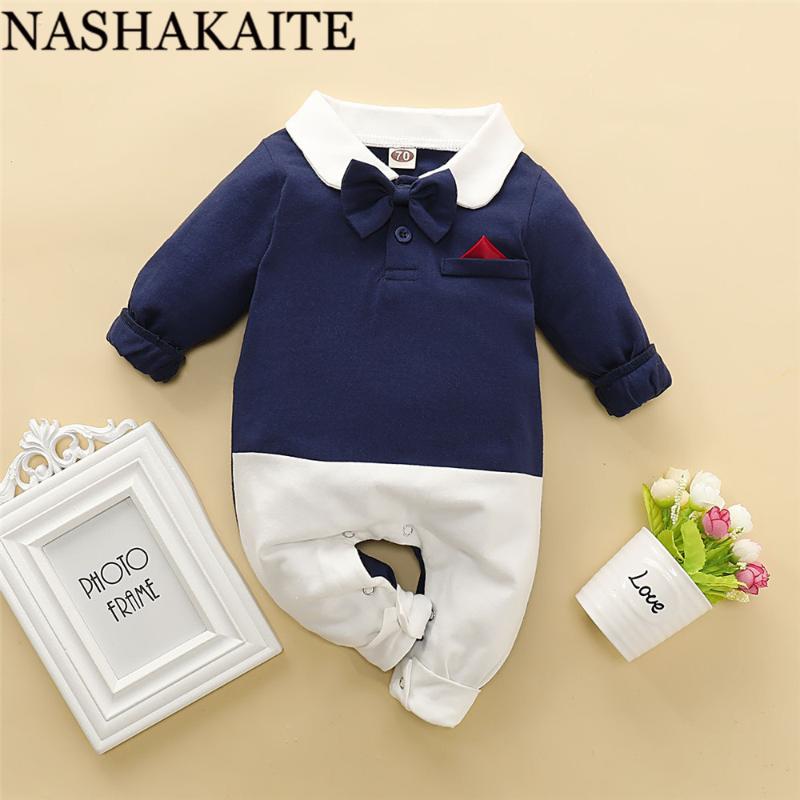 

NASHAKAITE Baby Infant Rompers Patchwork Gentleman Necktie Baby Jumpduit Age 0-18M Newborn Rompers Fall Winter Boy Clothes, Blue