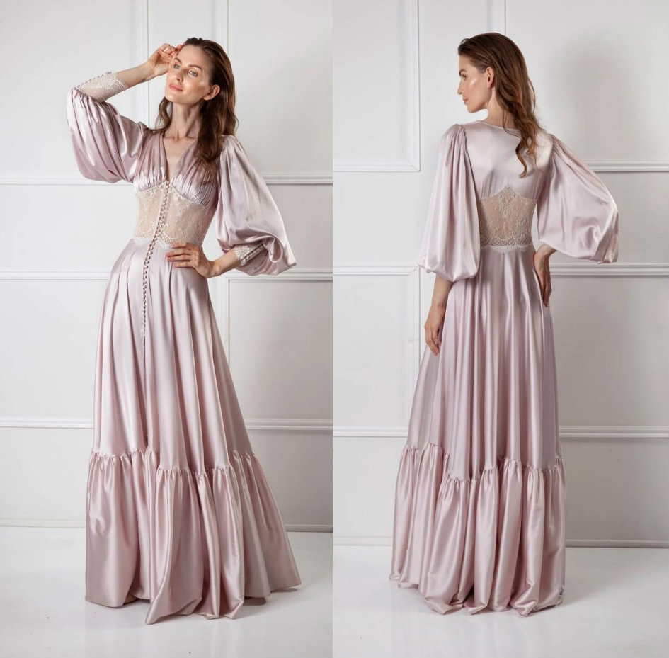 Robes de mariée sexy à col en V en satin de soie à manches longues en dentelle froncée au sol robe de nuit pour femmes sur mesure vêtements de nu