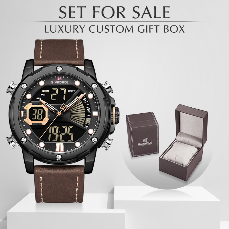 

NAVIFORCE Men Watch with Box Set for Sale Men's Sport Watch LED Analog Digital Quartz Male Clock Waterproof Relogio Masculino, Slivery;brown