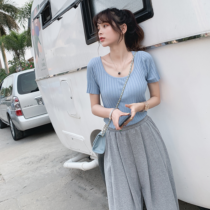 

Summer New Casual Knit Wear womens clothing Solid Color korean Round Neck Short Sleeve Tops Women T Shirt MX19B3512, Black