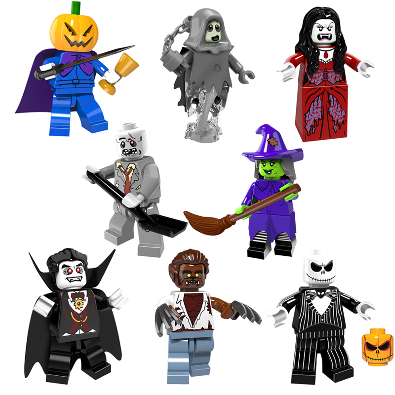 

Mini Toy Figure Pumpkin Head Ghost Moster Fighter Headless Horseman Vampire Witch Werewolf Zombie Building Block Brick Halloween Gift