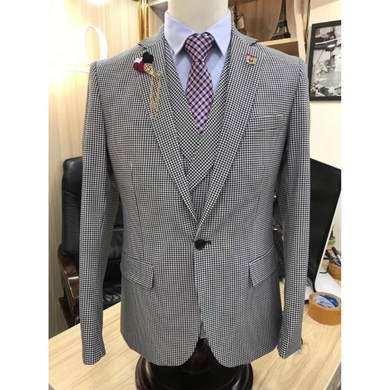 

2020 Latest Lattice Houndstooth Men Suit 3 Pcs Slim Fit Wedding Suits for Men Luxury Blazer Dress Groom Tuxedo Jacket Pants Vest, As picture