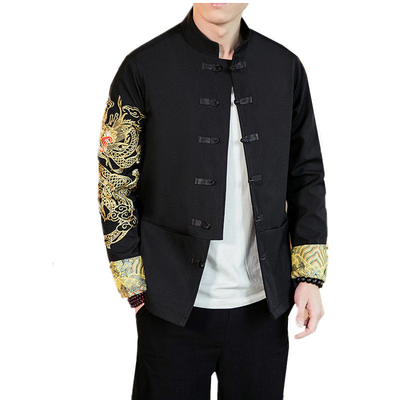 

Chinese Style Retro Men's Long-sleeved Jackets Loose Comfortable Men Stand Collar Embroidered Jacket Size S-5XL Casual Coat Male, Black