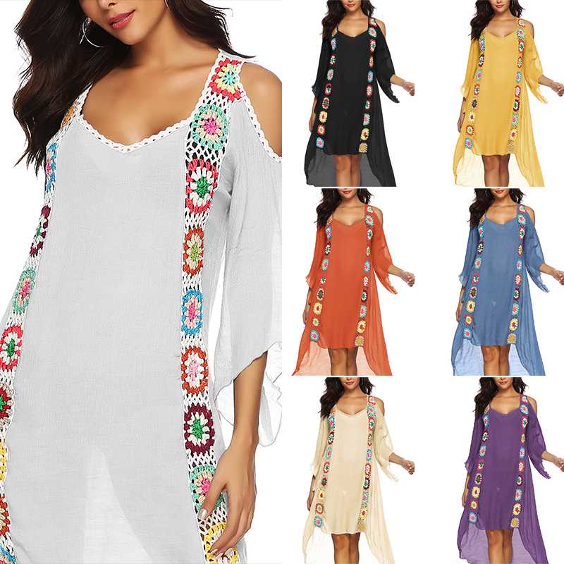 

Women Cold Shoulder Bathing Suit Beachwear Crochet Long Cover Up Dress, Blue