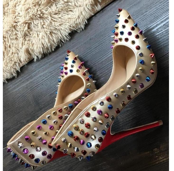 

Nude color Rivets Spiked High Heels Patent PU Leather exclusive brand needle sharp Rivet High Heels Women's Dress shoes 10cm 12cm 8cm, Extra carton;not shoes