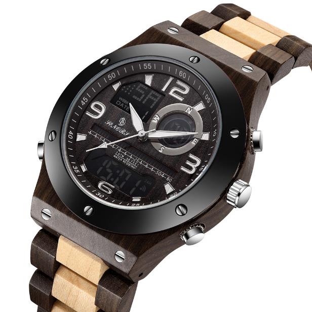

2018 new SN153 LCD dual display watch sandalwood watch male bamboo watch quartz movement wood watchband, Multi-color