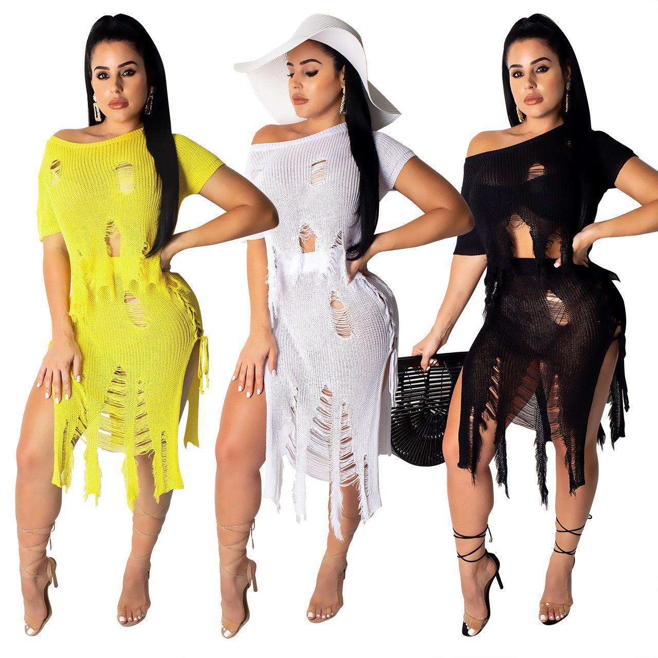 

Women's Two Piece Skirts Set Ripped Distressed T Shirt Cropped Skirts Set One Shoulder Short Sleeve Slit Sexy Solid Knitted Set, White