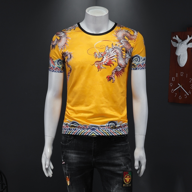 

2020 Summer Short Sleeve Tide Streetwear T Shirt Male Social Club Outfits Dragon Print Round Neck Camisetas Hombre Tshirt Men, Yellow