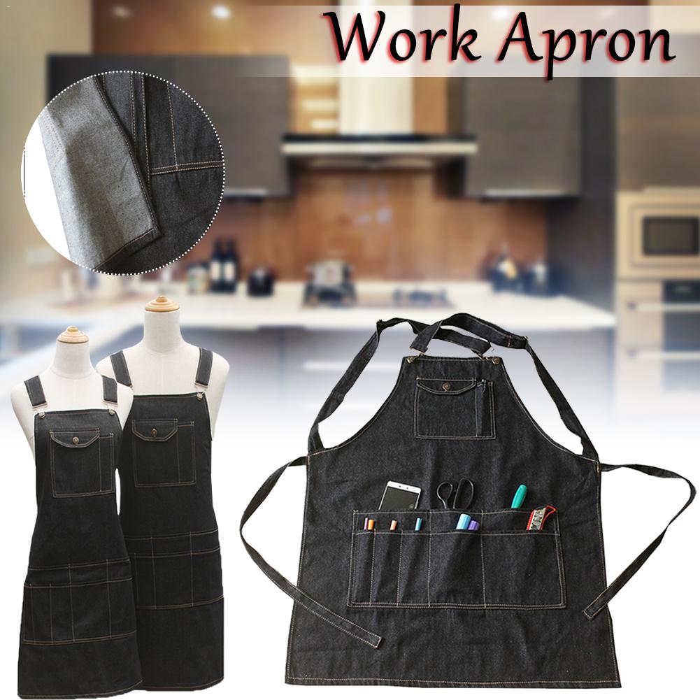 

European And American Style Denim Apron Coffee Shop Multiple Pocket Tool Apron Antifouling Kitchen Cooking Painting