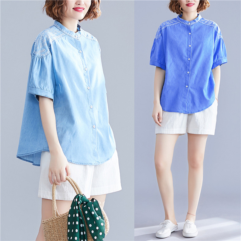 

2019 Autumn Summer Retro Camisa Jeans Feminina Half Sleeve Denim Shirt Women Plus Size Blouse Embroidery Chemise Femme Ladies, Blue