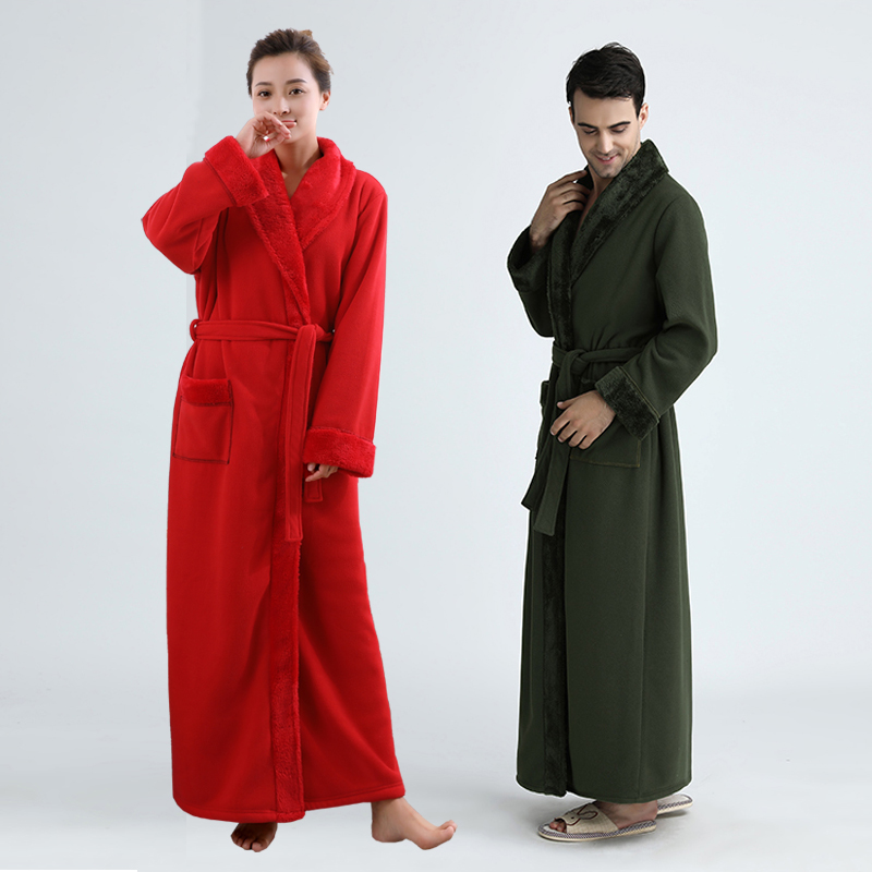 

Men Women Thickening Fleece Thermal Extra Long Bathrobe Mens Plus Size Winter Kimono Warm Bath Robe Male Dressing Gown fur Robes, Women lake blue