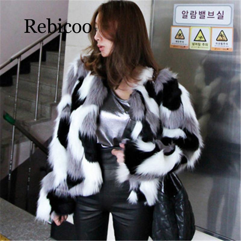 

2019 Winter New Imitation Fur coat Big size Women' Loose Leather Imitation Fox Fur Round Neck Short Ladies Mixed Color Coat, Multi
