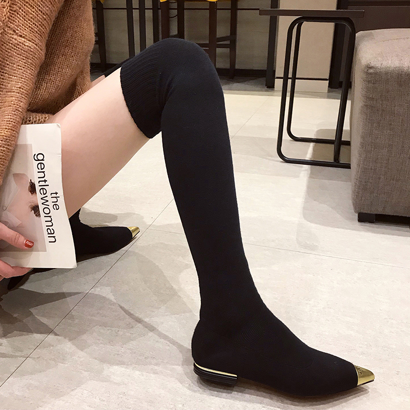 

Thick Heels Rubber Women Socks Boots Pointed Toe Suede Over The Knee Boots Women Autumn Slip on Women High Boots, Black