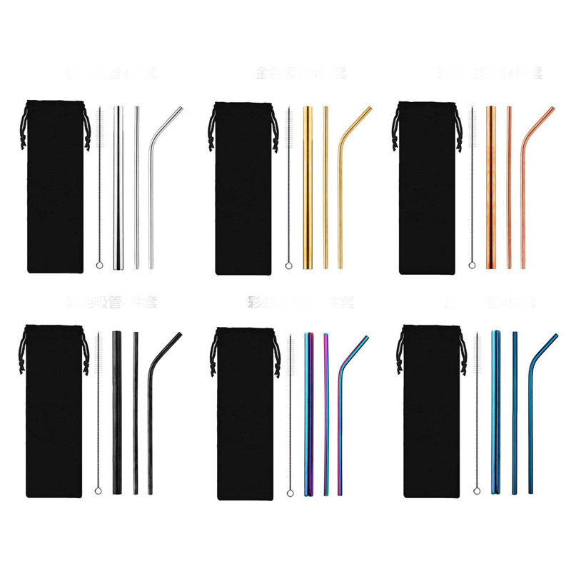 

5Pcs Quality Resuable Metal Straw Durable 304 Stainless Steel Sturdy Bent Straight Party Drink Straw With Cleaning Brush and Bag