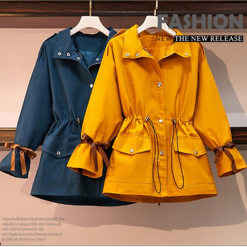 

Fashion Short Windbreaker Female 2019 Autumn Winter New Plus Size Loose Tooling Turn-down Adjust Waist Trench Coat For Women, Blue