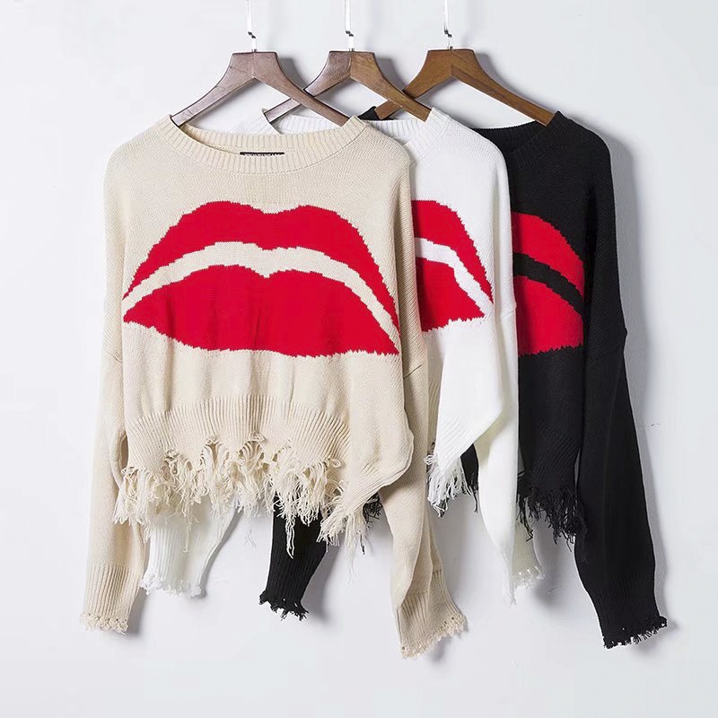 

Tassel Red Mouth Sweater Women Knitwear O-Neck Knit Shirt Cardigan Chic Sweater Womens Outwear Tops 2019 Autumn Winter New, Khaki