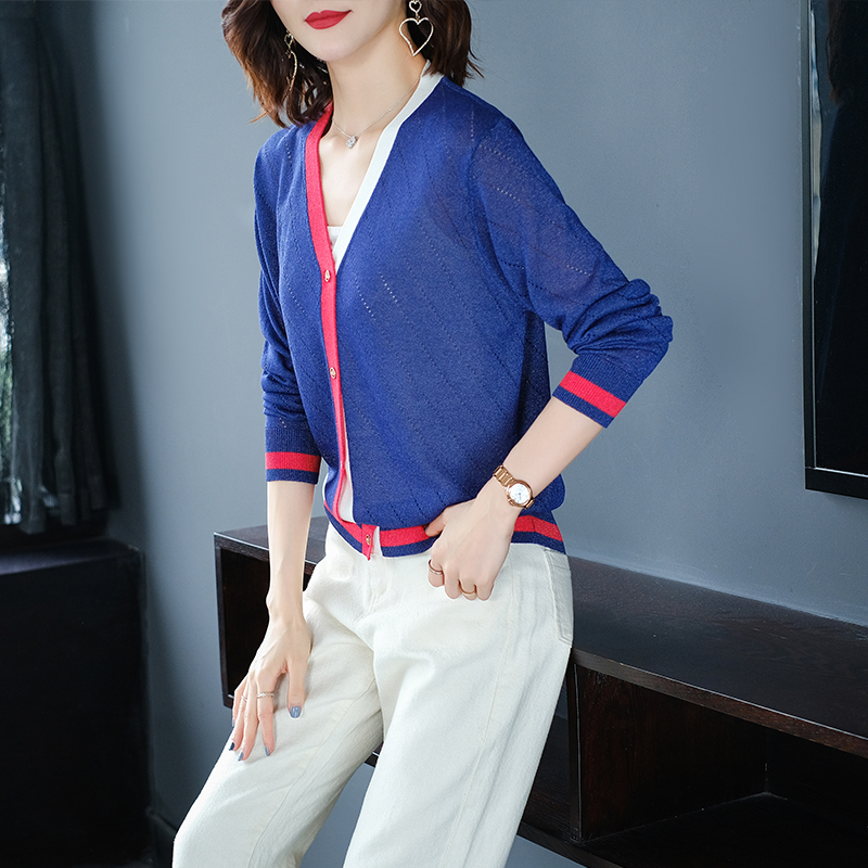 

Women Thin Knitwear Summer Patchwork Colors Cardigan Fashion Stripes V-Neck Knit Coat Outwear, Beige