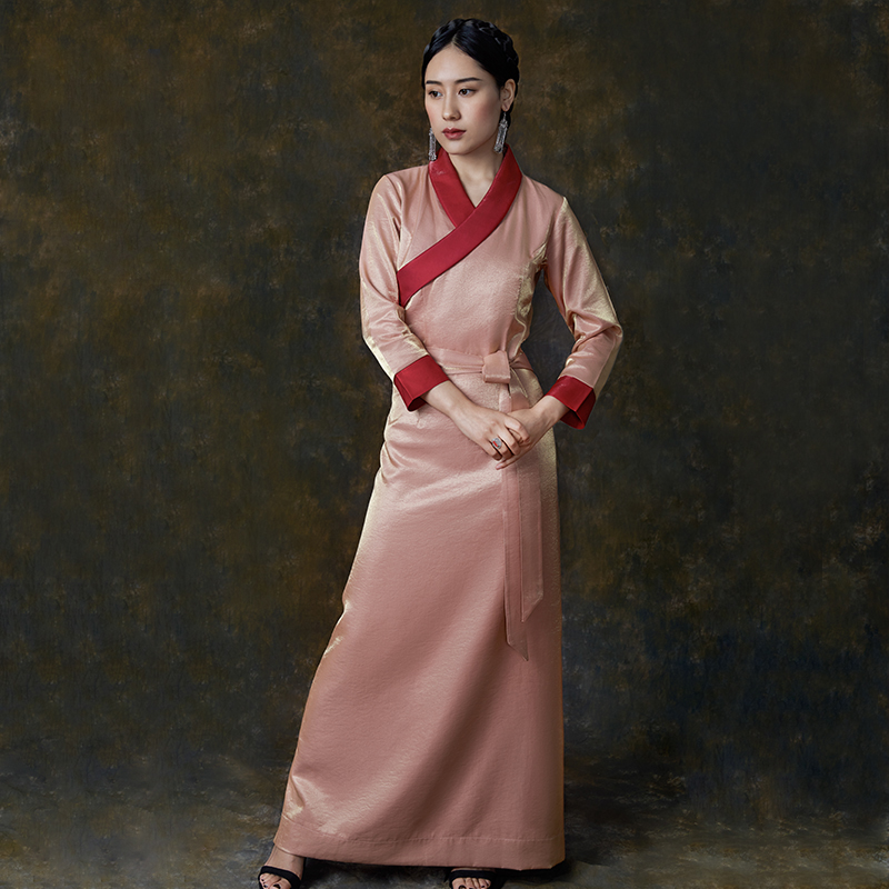 

Pink Black Lhasa Popular dress Brocade cotton silk satin Tibetan dress women daily Tibet Long Robe women Chinese ethnic clothing
