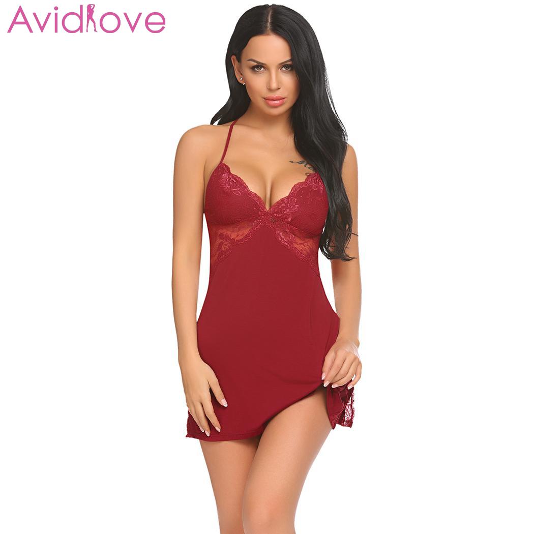 

Avidlove Night Dress Nighty Sleepwear Lingerie Sexy Lingerie Babydoll Lace Patchwork Chemise with G-String, Black