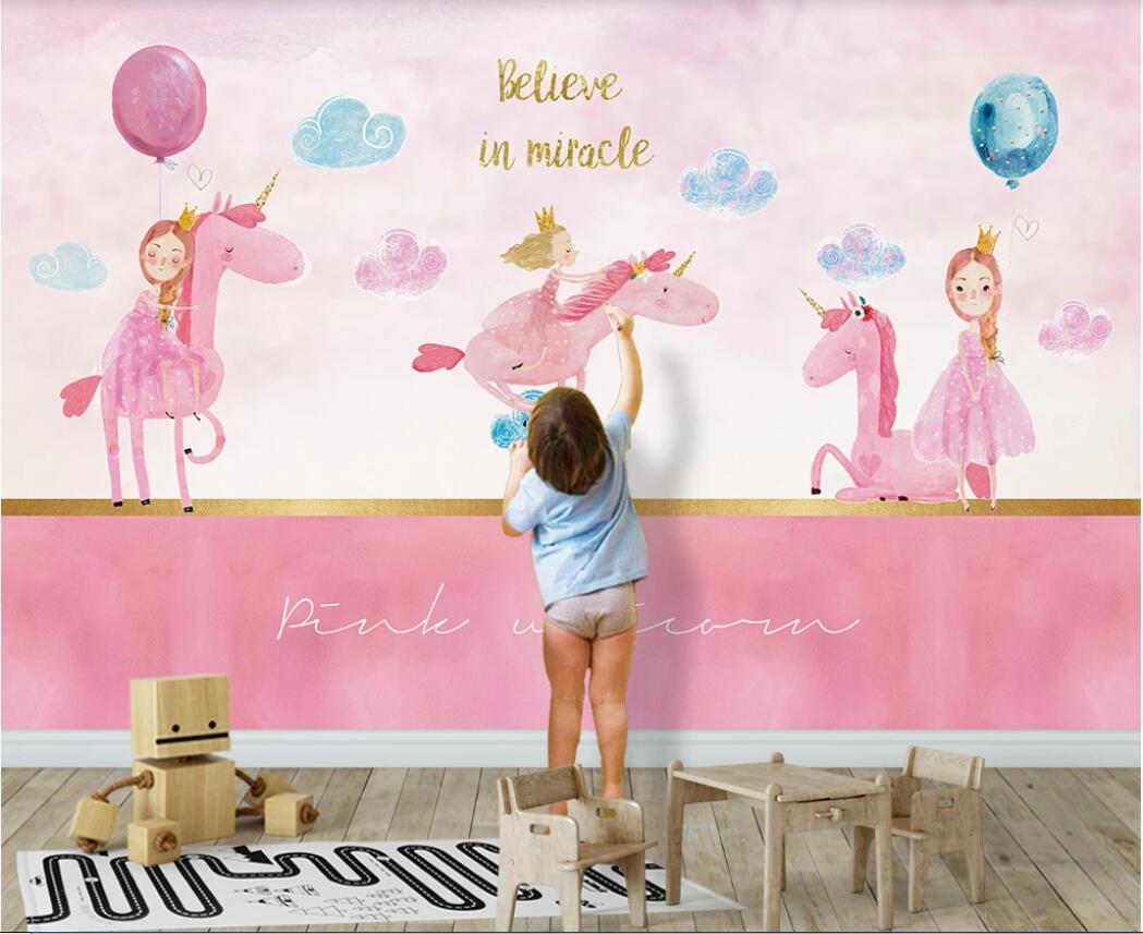 

3d wallpaper custom photo murals Scandinavian ins modern minimalist pink girl unicorn background wall decor wall art pictures, Non-woven fabric