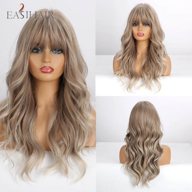 

EASIHAIR Long Ombre Blonde Female Wigs With Bangs Heat Resistant Synthetic Wigs for Women Water Wave Daily Natural False Hair, Lc270n-5