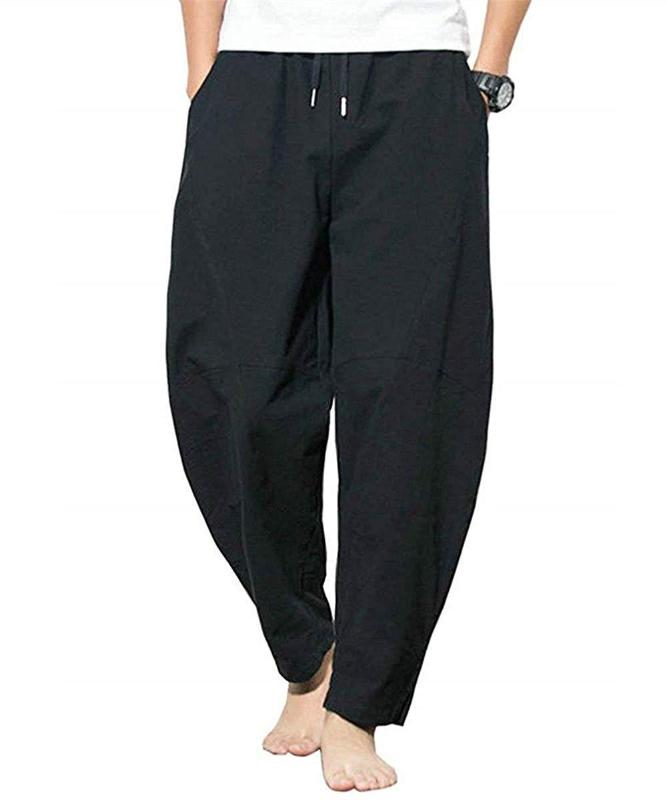 

2020 Spring Summer Men Fashion Retro Cotton Linen Loose Hip Hop Pants Stretch Waist Harem Pants Breathable Joggers Casual, Black