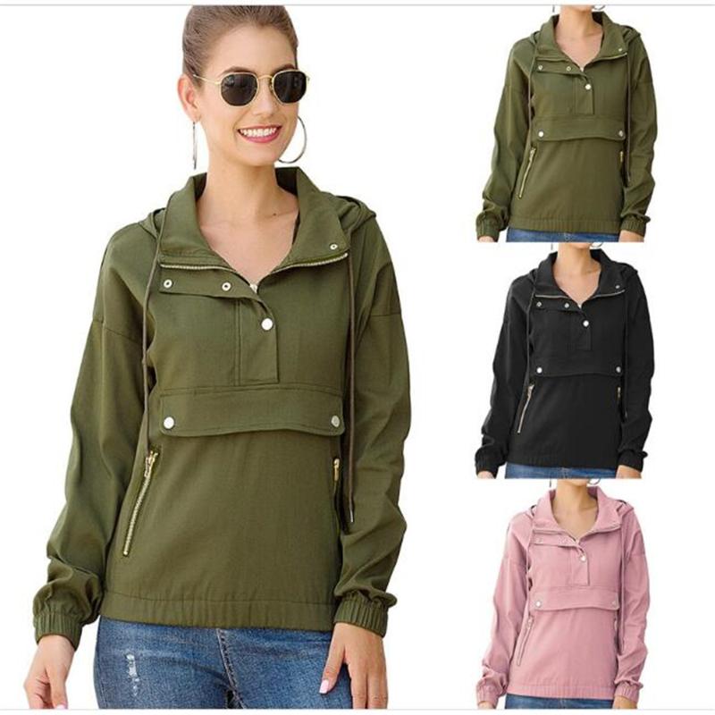 

High quality 2020 Autumn Fashion stylist style women' Lapel pure color hooded Jacket casual loose outerwear, Black
