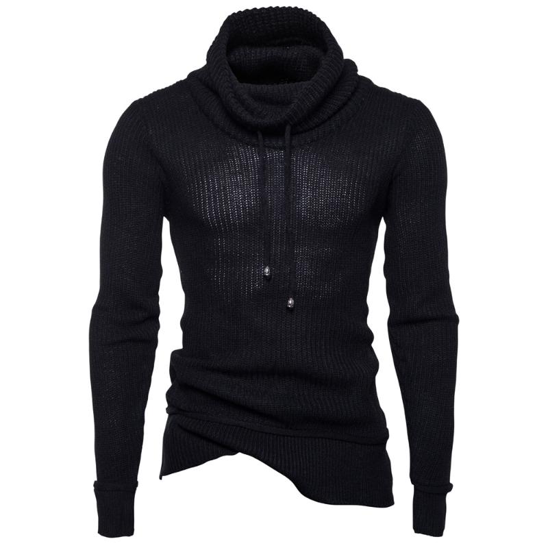 

Men Long Sleeve Turtleneck Solid Color Regular Sweater With Hat, Black