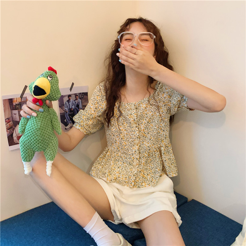 

Fashion Floral Crop Top Shirt Women Casual Chiffon Short Sleeve Blouse Woman Clothes Ruffles Hem Slash Neck Shirts Female Summer, Beige