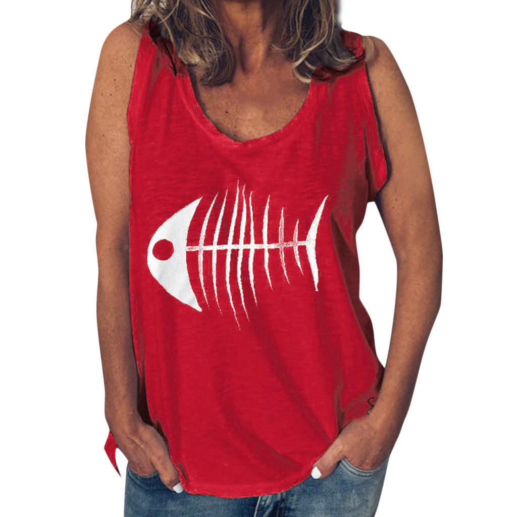 

2020 Womens Casual Funny Fish Bone Print Vest Sleeveless Tank Tops Green lady summer fish bone print vest T Shirt, 2#
