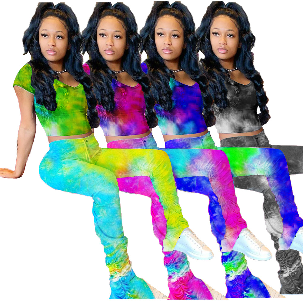 

Newest Multicolors Tie-dye Printing Women Outfits 2020 INS Fashion Ruched Casual Pants Two Pieces Sexy Tracksuits Short Sleeves T Shirt, Blue