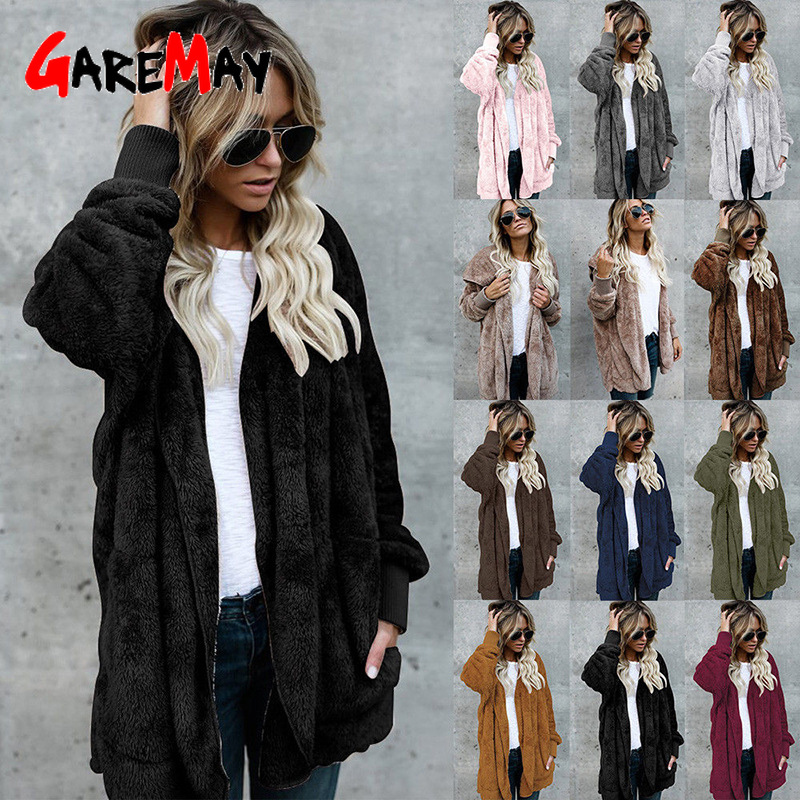 

Women' Fur & Faux Coat Hoodie Black Cardigan Winter Warm Teddy Bear Plus Size Fluffy Fleece Jacket Female Plush Overcoat Women, Light gray