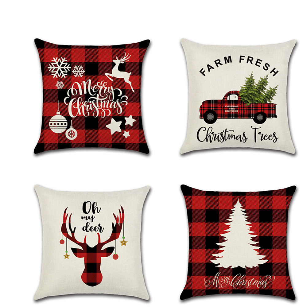 

Red checked background Polyester/flax Christmas throw pillowcase linen printed car Santa elk Back Waist Cushion Cover 45x45cm, Christmas 04