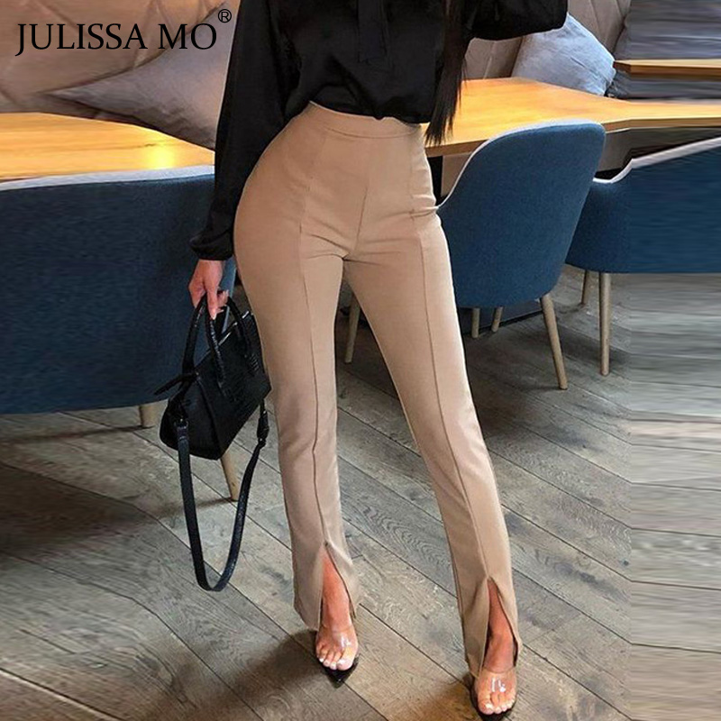 

JULISSA MO Sexy Split High Waist Pencil Pants Women Casual Elastic Waist Flare Trousers Solid Office Lady Bodycon Pants Bottoms, Black
