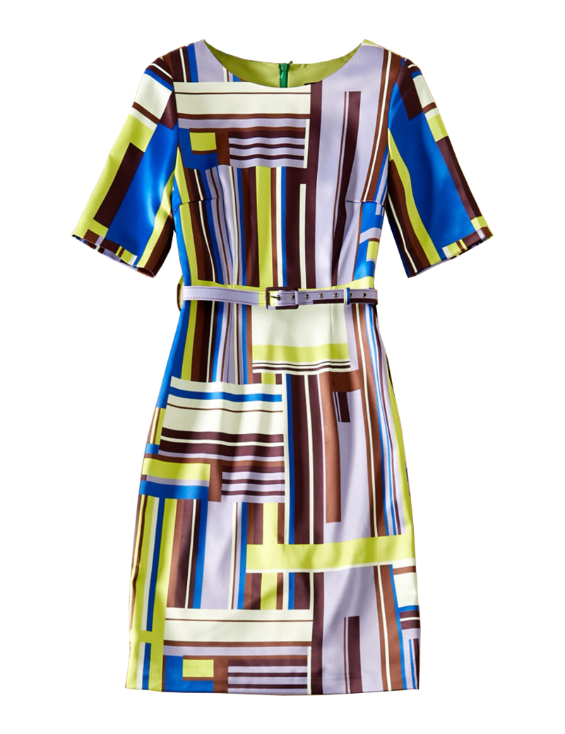 

Strip Print Women Sheath Dress With Belt Short Sleeve OL Office Lady Dresses 08K1903, As pictures